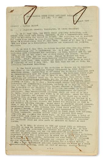 (MILITARY--WORLD WAR TWO.) Battle Reports, letters of commendation of the 969th Field Artillery Battalion an all African American Unit.